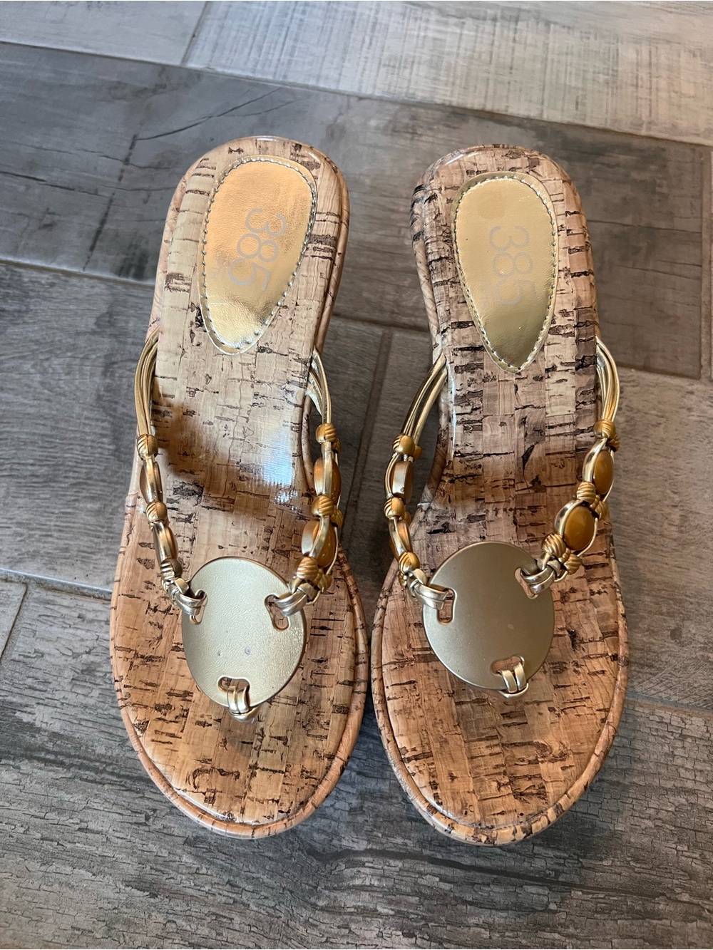 385 Fifth Gold Metallic Beaded Thong Wedge Sandals